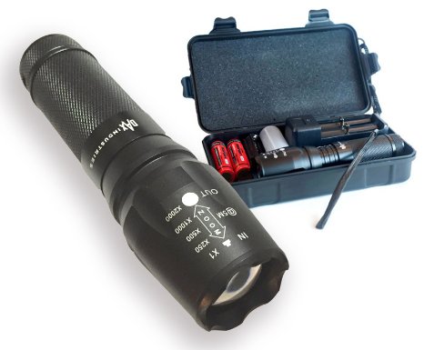DAX Tactical LED Flashlight Kit - Rechargeable Max 1700 Lumens Tested Water Resistant 5 modes Zoom Lens CREE XML-L2 Great for Hunting Camping Hiking or Household Use Storage Box Included