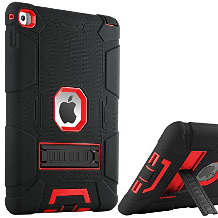 iPad Air 2 Case, BENTOBEN [Hybrid Shockproof Case] with KickStand Rugged Triple-Layer Shock Resistant Drop Proof Case Cover for iPad Air 2 with Retina Display / iPad 6, Black/Red