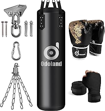 Odoland 6-in-1 Punching Bag UNFILLED Set for Men and Women, 4FT Kick Boxing Heavy Bag with 12OZ Boxing Punching Gloves and Hand Wraps, Punching Bag Hanging Chains and Hanging System