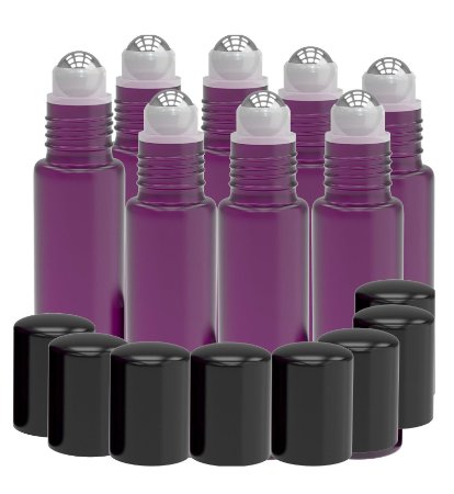 Nylea B1821FC-8 Fragrance Essential Oil Roller Bottles with Metal Chrome Roller Ball, Refillable, 10 ml Capacity, Purple Frosted (Pack of 8)