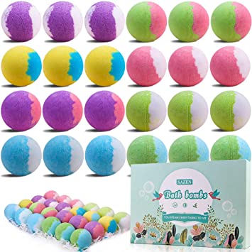 SAZEN 24Pcs Bath Bombs, Handmade Bubble Bath Bomb Ball Gift Set, Rich in Organic Natural Essential Oils, Oliver Coconut Oils, Shea Butter, Fizzy Spa for Dry Skin Moisturize, Birthday Gifts for Women