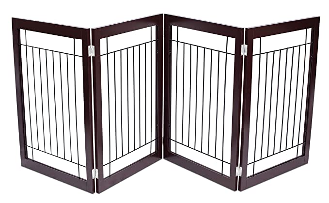 Internet’s Best Traditional Wire Dog Gate - 4 Panel - 30 Inch Tall Pet Puppy Safety Fence - Fully Assembled - Durable MDF - Stairs Folding Z Shape Indoor Doorway Hall Free Standing - Espresso