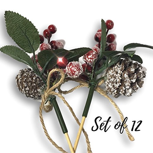 Berry Picks - Set of 12 Christmas Pine Cone and Red Berry Floral Pics - Artificial Holiday Flowers