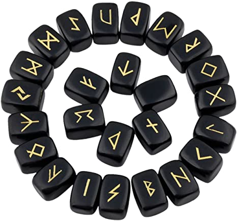 rockcloud Black Obsidian Rune Stones Tumbled Engraved Lettering Crystal Set for Wicca Crystals Healing Chakra Reiki