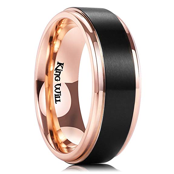 King Will 8MM Black 18k Rose Gold Plated Titanium Ring Mens Matte Brushed Wedding Band Comfort Fit
