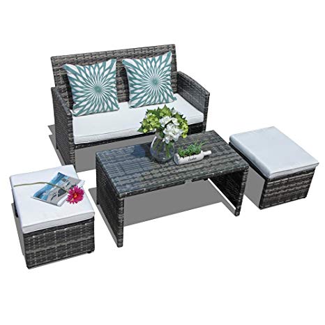 Orange Casual 4 Pieces Outdoor Wicker Loveseat Sofa Furniture Set with Ottoman & Glass Coffee Table Cushioned Seat Lounge Chair Rattan Couch for Patio, Backyard, Poolside