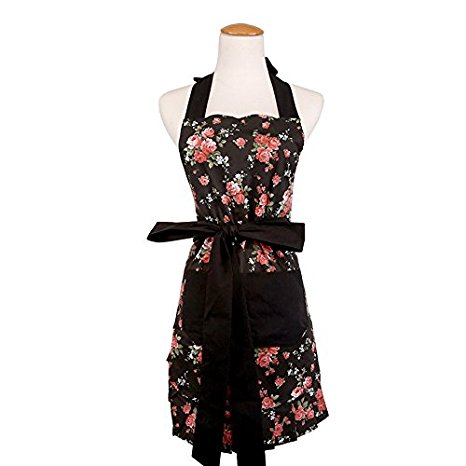 Cotton Apron for Women with Pockets, Extra Long Ties, G2PLUS Black Peony Floral Apron, Perfect for Kitchen Cooking, Baking and Gardening, 29 x 21 - inch (Adult Women)