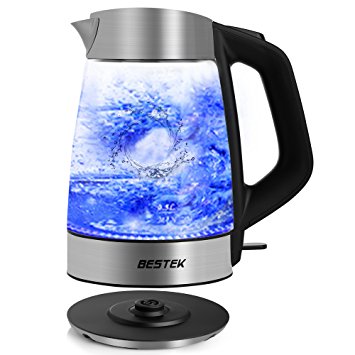 Electric Glass Kettle, BESTEK K1089 Fast Boil Cordless Water Kettle with Blue LED Illumination and Auto Shut-off & Boil-dry Protection, 1.7L 8-Cup BPA Free