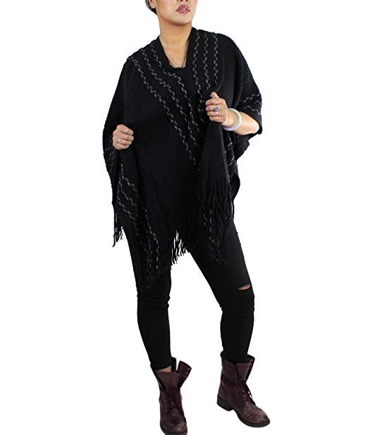 V-Neck Poncho with Tassels and Metallic Threaded Braids