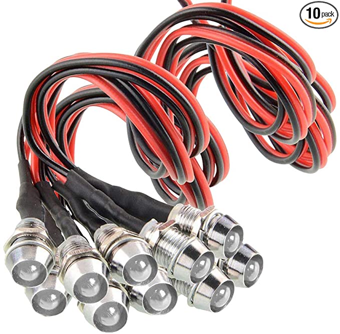 Amotor 10Pcs 8mm 5/16" LED Metal Indicator Light 12V Waterproof Signal Pilot Lamp Dash Directional Car Truck Boat with Wire (White)