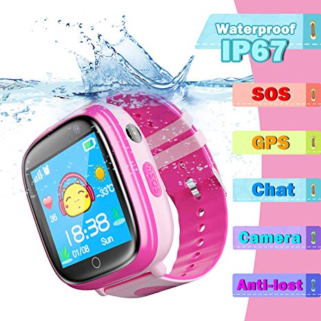 Kids SmartWatch Phone GPS Tracker - IP67 Waterproof Smartwatches with SOS Voice Chat Camera Flashlight Alarm Clock Digital Wrist Watch Smartwatch Girls Boys Birthday