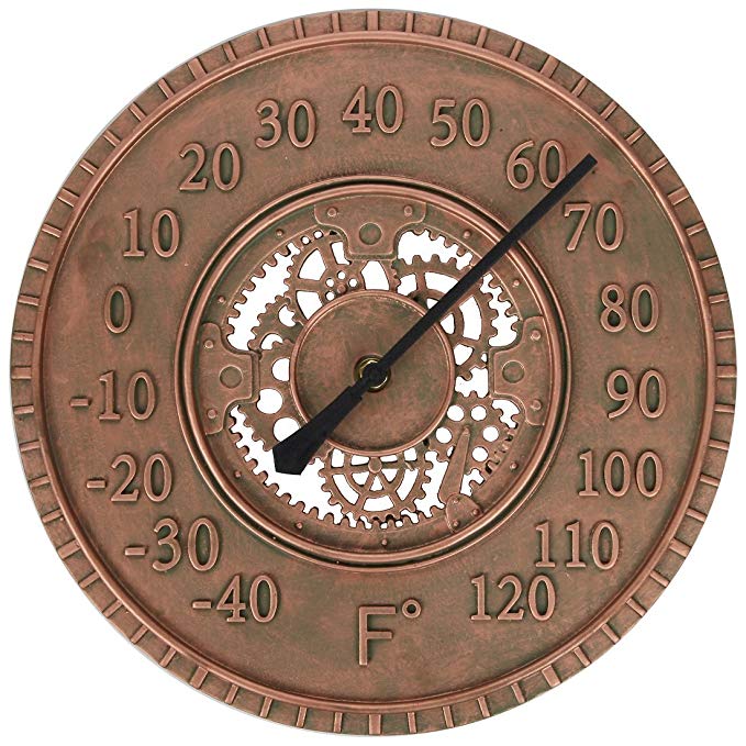 Lily's Home Hanging Wall Thermometer, Steampunk Gear and Cog Design with a Bronze Finish, Ideal for Indoor or Outdoor Use, Poly-Resin (13 Inches Diameter)