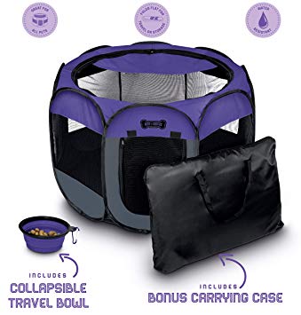 Ruff 'n Ruffus Portable Foldable Pet Playpen   Carrying Case & Collapsible Travel Bowl | Indoor/Outdoor use | Water Resistant | Removable Shade Cover | Dogs/Cats/Rabbit | Available in 2 Sizes