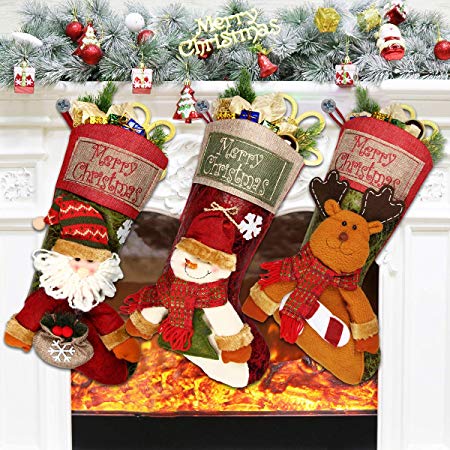 Dreampark Christmas Stocking, 18" Big Classic Xmas Stockings [3 Pack] Santa Snowman Reindeer Character Personalized Stocking Christmas Decoration