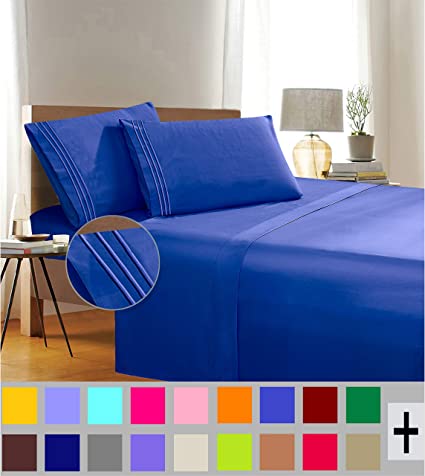 1500 Thread Count Wrinkle & Fade Resistant Egyptian Quality 4-Piece Bed Sheet Set Ultra Soft Luxurious Set Includes Flat Sheet, Fitted Sheet and 2 Pillowcases, King Size, Brilliant Blue