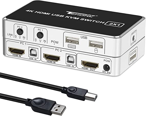 Tendak HDMI KVM Switch USB 2 Port PC Computer KVM Switch Keyboard Mouse Switch Box with USB Port for Printer, USB Stick support 4K@30Hz for Laptop PC PS4 Xbox HDTV
