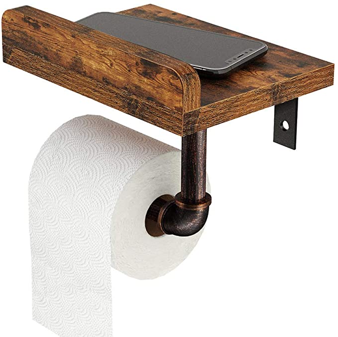 Rolanstar Toilet Paper Holder with Wood Shelf, Wall Mounted Pipe Toilet Roll Holder, Farmhouse Tissue Dispenser for Bathroom, Kitchen, Rustic Brown