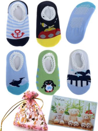 BS® 5 Pairs 6-36 Months Newborn Baby Boys Toddler Anti Slip Skid Slipper foot Socks   Gift bag   Gift Card, Stripes No-Show Crew Boat Socks Footsocks sneakers, Length 9-15cm/3.54-5.9inch