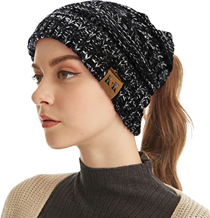 Ponytail Beanie Hat - Womens Winter Hats Warm Thick Cable Knit Hats Stretch Chunky Slouchy Hats Skull Cap for Messy Bun