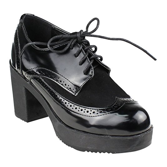 Beston EJ37 Women's Classic Fashion Lace Up Wing Tip Platform Chunky Heel Oxford