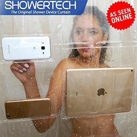Clear Shower Curtain Liner with Pockets for iPad/Phones/Baby Monitor - Enjoy Netflix, YouTube, Music, Games, Podcasts! (WATERPROOF & TOUCH SENSITIVE) 72x72 Universal Size