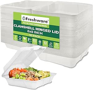 Freshware Compostable Clamshell Food Containers [8x8" 50-Pack] Disposable To Go Containers, Biodegradable Sugarcane To Go Boxes - Heavy Duty Paper Containers - Microwave & Freezer Safe, Stackable