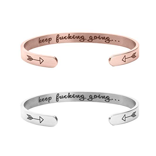 2 Pack Stainless Steel Engraved Keep Going Bracelets, Motivational Cuff Bangle Arrow Bracelet Personalized Gifts for Women Girls (1pcs Silver 1pc Rose Gold) …