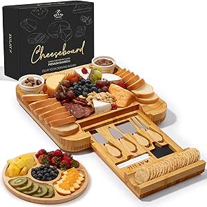 Zulay Kitchen Premium Bamboo Cheese Board Set - Extra Thick Bamboo Charcuterie Board Set with 4 Piece Knife Set - Wooden Cheese Board is Perfect for Charcuterie, Wine and Cheese (Party Set) - Icon