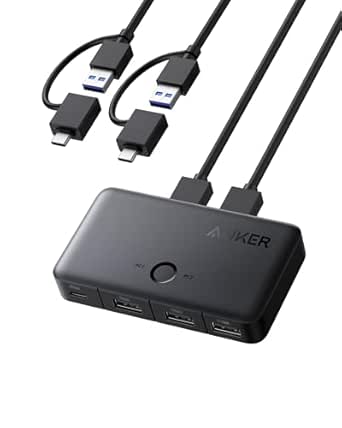 Anker KVM-Switch ermöglicht den Wechsel zwischen 2 Computern mit einem einfachen Klick. Mit 2-in-1-USB-A-Kabel und 3 USB-3.0-Anschlüssen bietet er schnelle Übertragung für Computer, Tastaturen, Mäuse