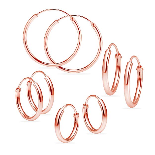 Sterling Silver Endless Hoops 1.2mm x 10mm 12mm 14mm 24mm 4 Pairs Thin Round Unisex Earrings Set for Women & Girls Choose Your Color
