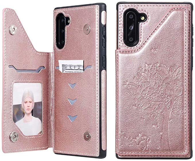 Cmeka Wallet Case for Samsung Galaxy Note 10 with Card Holder Embossed Cat Tree Premium PU Leather Kickstand Double Magnetic Clasp Durable Shockproof Cover Rose Glod