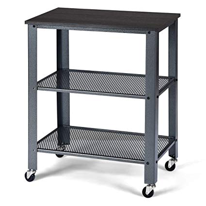 Giantex Microwave Cart Wooden 3-Tier W/Storage Shelf and Rolling Casters, Industrial Style Metal Frame for Kitchen, Living Room Accent Furniture for Living Room Rolling Serving Cart (Gray)