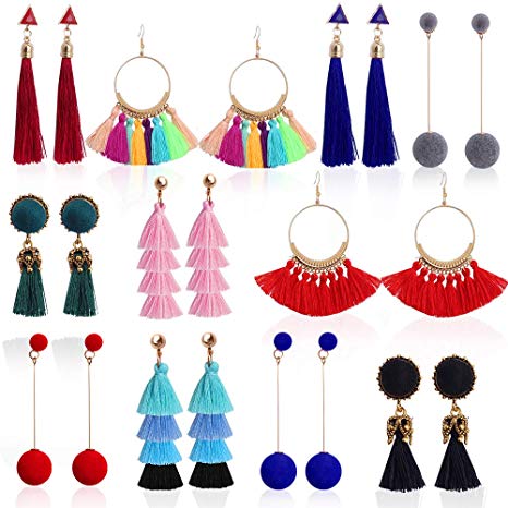 Outee 11 Pairs Tassel Earrings Dangle Earrings Long Layered Tassel Drop Earrings Ball Thread Bohemian Tiered Fashion for Women Girls Birthday Party Valentine Gifts