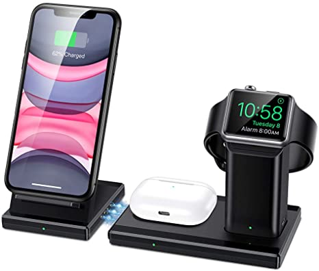 ESR 3-in-1 Wireless Charging Station, 15W for iPhone/AirPods/Apple Watch, Fast Wireless Charging Stand for iPhone 11/11 Pro/11 Pro Max/X/XS/XS Max/XR, Apple Watch 2/3/4/5, AirPods Pro (No Adapter)