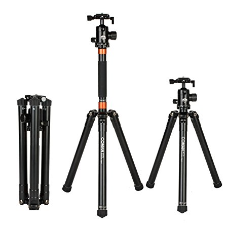 COMAN MT70 Portable Travel Tripod Aluminum Alloy Lightweight 62.2 inches with 360 Degree Ball Head for DSLR Camera and youtube video