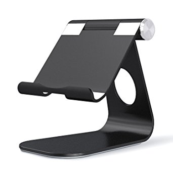 OMOTON Desktop Tablet Stand, Multi-Angle Aluminum Charging Dock Holder with Sticky Suction Mount Base, Fit for All Smart Phones, E-readers and Tablets (Up to 12.9 inch) (Black)