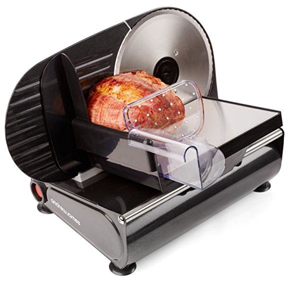 Andrew James Electric Food Slicer (Black), Precision 19cm Blade, Includes 2 Extra Blades for Meat and Bread