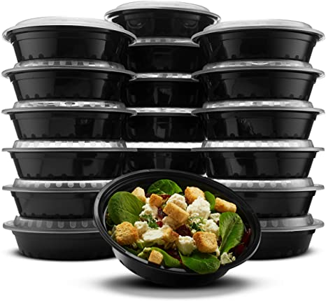 Paksh Novelty Lunch Box Sets/Round Large Food Container with Lid for Meal Prep, Microwaveable, Freezer & Dishwasher Safe, Leak Proof, 24 Ounce, 20 Pack, Black-BK09