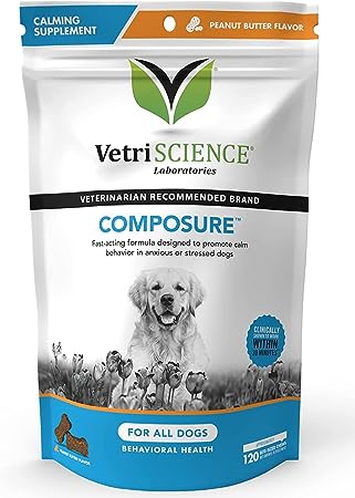 VetriScience Laboratories Composure, Calming Support for Dogs, 120 Peanut Butter Flavored Bite-Sized Chews