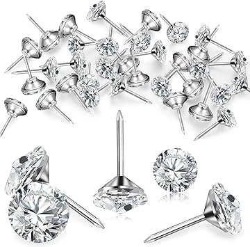 Diamond Crystal Upholstery Nails Tacks Crystal Furniture Tacks Crystal Head Thumb Tacks Decorative Push Pins for Furniture Sofa Headboards Cork Board (30 Pieces,25 mm)