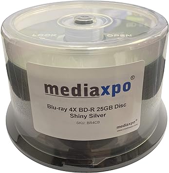 Mediaxpo 100 Grade A Blu-ray 4X BD-R 25GB Disc Shiny Silver
