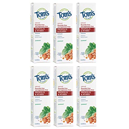 Tom's of Maine Fluoride-Free Antiplaque & Whitening Toothpaste Gel, with Propolis and Myrrh Natural Toothpaste, Fluoride Free Toothpaste, Spearmint, 5.5 Ounce, 6-Pack