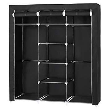 SONGMICS Canvas Wardrobe Cupboard Clothes Hanging Rail Storage Shelves Black 175 x 150 x 45 cm RYG12B