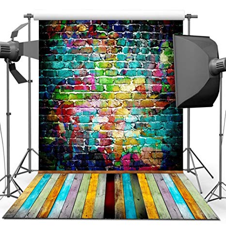 econious Photography Backdrop, 5x7ft Colorful Brick Wall Wood Floor Backdrop for Studio Props Photo Backdrop
