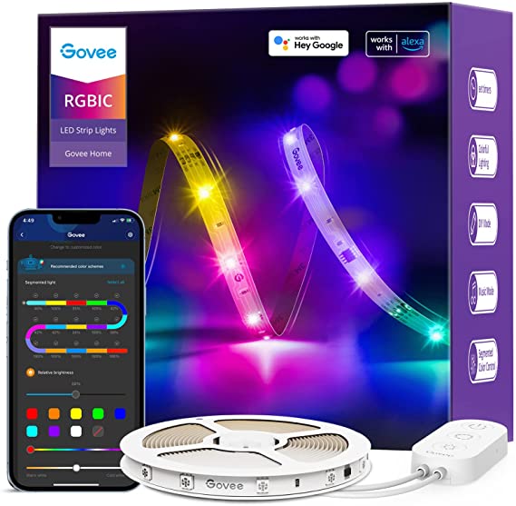 Govee RGBIC Alexa LED Strip Light 16.4ft, Smart LED Lights Work with Alexa and Google Assistant, Segmented DIY, Music Sync, WiFi App Control Color Changing LED Strip Lights for Bedroom, TV, H618A