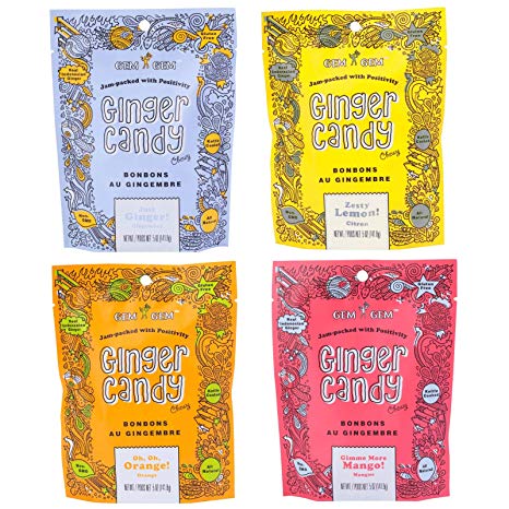 Gem Gem Ginger Candy Chewy Ginger Chews (Assorted Mix, 5.0oz, Pack of 4)