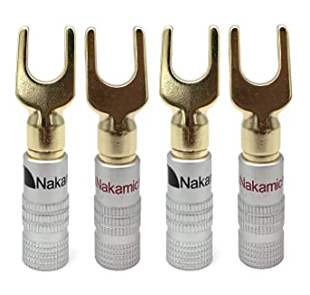 Wakaka 4 Pcs 24K Gold Y Plug 45 Degree Nakamichi Speaker Banana Plugs Audio Jack Connector for Speaker Cable, Corrosion-Resistant, 2 Black and 2 Red