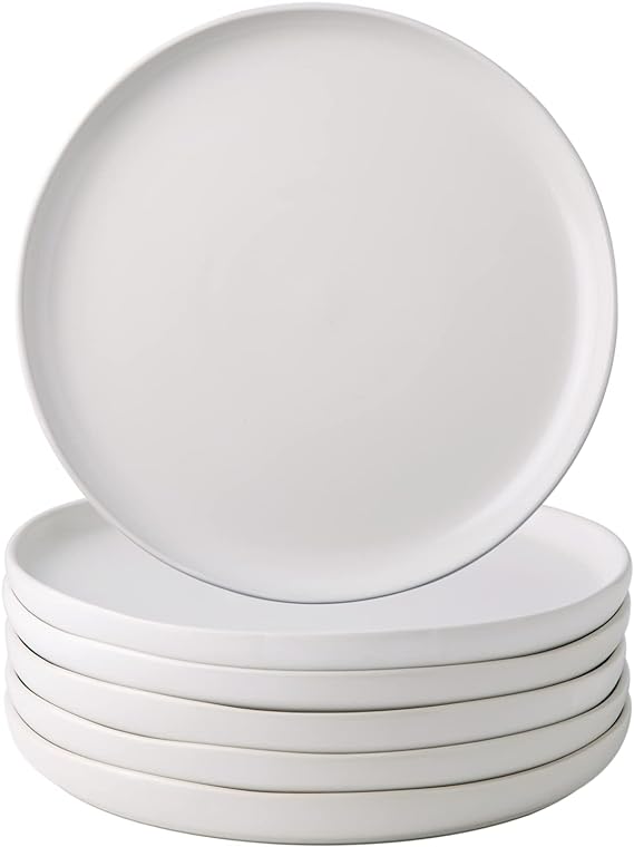 AmorArc Ceramic Dinner Salad Plates Set of 6, Wavy Rim 8.5 Inch Dish Set, The Dessert,Salad, Appetizer, Small Dinner etc Plate,Microwave, Dishwasher Safe, Scratch Resistant - Matte White