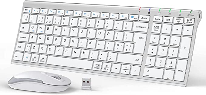 iClever GK03 Wireless Keyboard and Mouse Combo - 2.4G Portable Wireless Keyboard Mouse, Rechargeable Battery Ergonomic Design Full Size Slim Thin Stable Connection Adjustable DPI, Silver and White