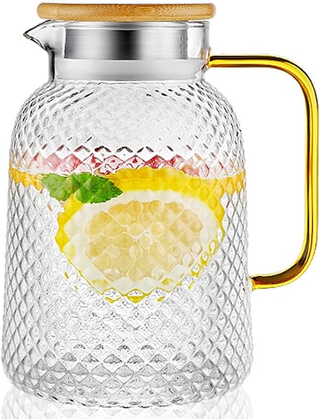 BPFY 1 Pack 60oz Glass Pitcher, Glass Pitcher with Lid and Spout, Glass Water Pitcher, Iced Tea Pitcher for Fridge, Glass Carafe for Cold or Hot Beverages,Glass Jug for Water, Sun Tea, Milk